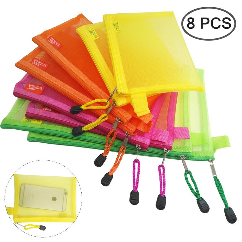 AFUNTA 8 Pcs Zipper Mesh File Bags Folder Document Pockets with Bill B5 A5 A6 Size, AFUNTA 4 Color 4 Size Nylon Pencil Case Cosmetic Storage Office Pouch Holder- Orange, Yellow, Green, Rose Red - Image 2